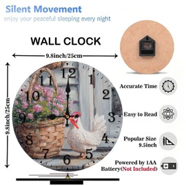 10-Inch Silent Wooden Wall Clock, White Hen by Flower Basket Clock ” Silent Non-Ticking Clock, Battery Operated (AA Batteries Not Included), Artistic Home Decor