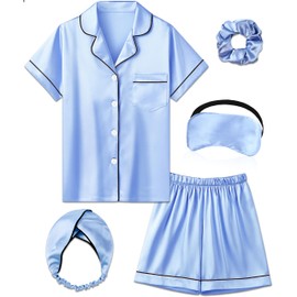MORFORU Satin Kid Short Pajamas Set 5 Piece Child Silk Pjs Button Sleepwear with Eye Mask, Hairhand, Hair Ring (Light Blue,165)