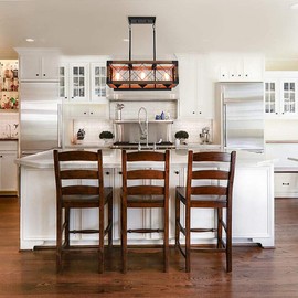 Giluta Kitchen Island Pendant Light Rectangle Wood Metal Chandelier Black Finish Rustic Industrial Chandelier Vintage Ceiling Light Fixture 3 Lights with Glass Shade (17809)