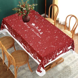 Alishomtll Christmas Red White Tablecloth, Washable Rectangular Waterproof Wipe Clean Table Cloth, Cartoon House Elk Table Cover for Winter Holiday Dinner Decoration, 55x79in/140x200 cm