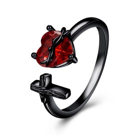 Heart of Jesus Ring for Women 925 Sterling Silver Cross Rings God's Love Jewelry Amulet Gifts for Teens Girls (7, black)