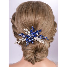 Rumtock Blue Crystal Hair Piece Pearl Hair Comb for Wedding Brides Bridesmad Women Special Occasion Hair Jewelry (Blue)