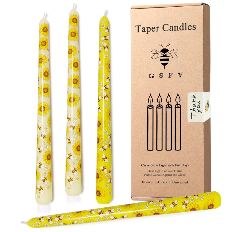 W&LESVAGO 4 Pcs Sunflower Print Taper Candles, 10 Inch Gradient