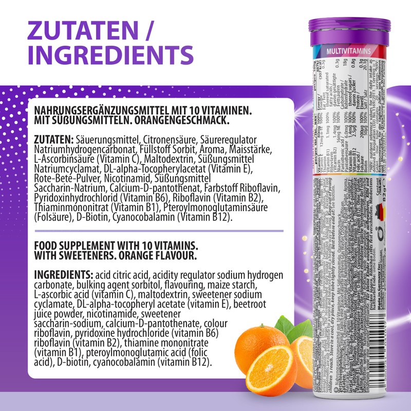 EVÄM Multivitamin Effervescent Tablets, Orange Flavour, 2 x 20 Pieces,