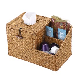 BTSKY Household Seagrass Facial Tissue Box With Two Side Storage Pockets - Decorative Woven Wicker Tissue Holder With Multi-Functional Side Slots For Remote Control Cosmetics Pens Pencils, Caramel