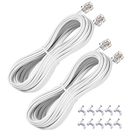 25FT Telephone Extension Cord Cable, Landline Phone Line Wire with RJ11 6P4C Plugs, Includes Cable Clips - White - 2 Pack