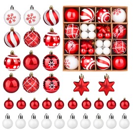 Fowecelt Christmas Baubles Plastic Tree Decorations Christmas - Pack of 42 Christmas Tree Baubles Red White Christmas Decoration Tree Baubles