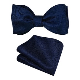 Gusleson Navy Blue Bow Tie Mens Silk Paisley Self Tie Bow tie Pocket Square Set for Wedding (UK0652-22)