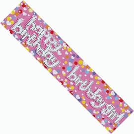 Happy Birthday Banner Birthday Girl Garland Giant Extra Wide Silver Hearts Children's Adult's Women's Girl's Recyclable Eco Friendly Holographic Shiny Sparkly Party Banner