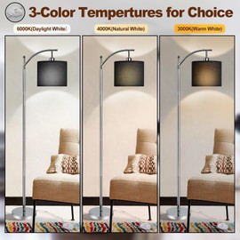 DLLT Arc Floor Lamp for Living Room with 3 Color Temperatures, Modern Reading Standing Lamp with Linen Shade, Tall Pole Floor Lamp for Bedroom, 8W LED Light Bulb Included, Silver with Black Lampshade