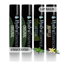 HydraEssence Pure Essentials Natural Lip Balm 4-Pack | Original, Vanilla & Herbal Mint | Made with Shea & Cocoa Butter | Made in USA | 0.15 oz Each