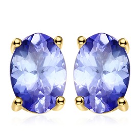 JewelryPalace Oval Cut 1ct Natural Blue Tanzanite Solitaire Stud Earrings for Women, 925 Sterling Silver 14k Yellow Gold Plated Earrings for Her, Fashion Gemstone Jewellery Gift for Girls
