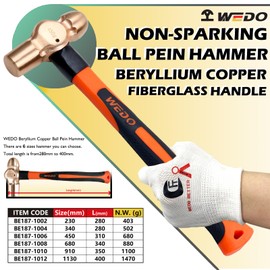 WEDO Non-Sparking Ball Peen Hammer 2-1/2 lb Head, Spark-free Safety Ball Pein Hammer, Non-Magnetic, DIN Standard, BAM & FM Certificate, Beryllium Copper, 16" Length