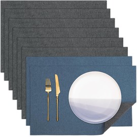 Banchif Place Mats, Faux Linen Placemats, Washable, Non-Slip Placemats, Double-Sided Place Mats, Set of 8, Washable Placemats, Fabric (Grey/Blue, 45 x 30 cm)