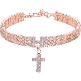 Catholic Pet Necklace Letter Cross Zircon Three Drain Diamonds Cat and Dog Girl Jewelry Catholic Necklace for Pets Rose Gold Dog Chain Collar (Silver, M)