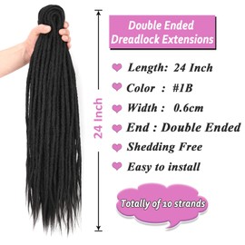 Samtress 24 Inch Double Ended Dreadlock Extensions Black Hippie Dreads 10 Strands Thin 0.6 cm Handmade Bohemian Box Braids with Curly Ends for Women (#1B)
