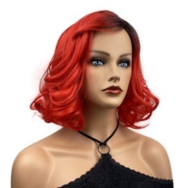 Wiginway Short Curly Wavy Red with Dark Roots Wigs with Bangs for Women Heat Resistant Fiber Synthetic Wig Natural Looking Hairs