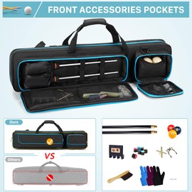 GOBUROS 4x4 Pool Cue Case Hold Up to 4 Butts and 4 Shafts, Pool Stick Carrying Case with Front Accessories Pockets, Billiard Cue Cases with Shoulder Straps, Black and Blue