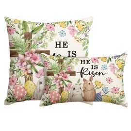 AVOIN colorlife He is Risen Easter Throw Pillow Cover Set of 2, 12 x 20 and 18 x 18 Inch Bunnies Flowers Cross Cushion Case Decoration for Sofa Couch