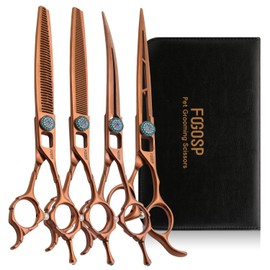 FOGOSP 7.5'' Dog Grooming Scissors Set 4PCS Curved Thinning Straight Chunkers Shears Kit with Hollow Out Design Ergonomic Offset Handle High Cobalt Alloy Steel Sharp and Durable(7.5, Chocolate Kit)