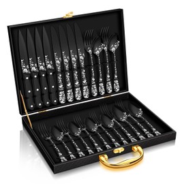 Stapava 24 Pcs Black Silverware Set with Gift Box, Stainless Steel Mirror Cutlery Flatware Set for 4, Include Forks Spoons and Knives Set, Dishwasher Safe Utensils for Home Restaurant Hotel