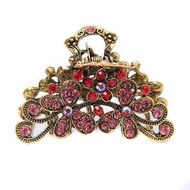 Retro Flowers Hair Claw Clip for Women Lady Vintage Alloy Rhinestone Hair Jaw Clips Hairpin Fancy Hair Clamp (Red)