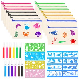 Meetory Pack of 15 Fabric Pencil Cases, Blank School Pencil Case, Children's Canvas Bags for Painting with 12 Colouring Pencils, 8 Painting Stencils for Travel, Christmas, Storage, 21 x 12 cm, beige