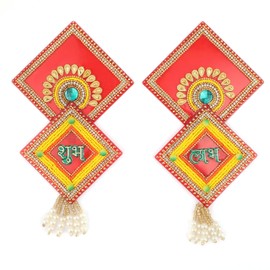 Decorative Shubh Labh Stickers with Hanging Acrylic for Door Wall Handcrafted Pooja Mandir Temple Entrance Indian Traditional Festival Decorations for Home Decor Gifts(Size:-7"X3")(Red,Yellow)