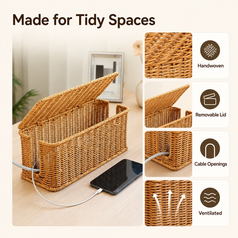 Handmade Rattan Cable Management Box for Cord Organization - Decorative