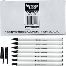 three leaf 144 Ct. Black Stick Ball Point Pen, Pack Of 12, Round Barrel For Writing Comfort, Smooth Writing For Office