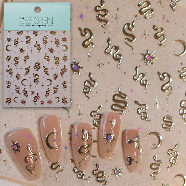CESTSIREN Gold Snake Nail Art Stickers, 3D Embossed Nail Decals,Holographic