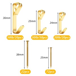 90 Pcs Picture Hooks Set, 20LB 30LB 50LB Frame Hanging Hooks with 94 Nails, Picture Hanging Kit, Heavy Duty Picture Hangers, Picture Frame Hangers for Hard Walls(Gold)