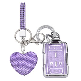 Vicoca for Chevy 4 Button Key fob Cover with Diamond Heart Keychain, Car Accessories for Chevy Silverado Colorado GMC Canyon Sierra 2014 2015 2016 2017 2018 2019 2020 2021 M3N-32337100, Purple