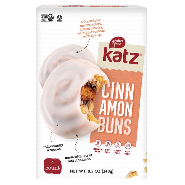 Katz Gluten Free Cinnamon Buns. Fresh Baked Buns Made With Real Cinnamon and Covered In A Sweet Glaze. Grain Free. Tree Nut Free, Peanut Free. Dairy Free. Soy Free. Kosher. 4 Individually Wrapped Cinnamon Buns 8.5 oz. (Pack of 3)