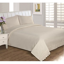 Eyelet Lace Ultra Soft Silky Zipper Solid Cotton Blend 400 Thread Count All Season 3 Pieces Duvet Cover Set with 2 Pillowcases, Cream Color Queen Size