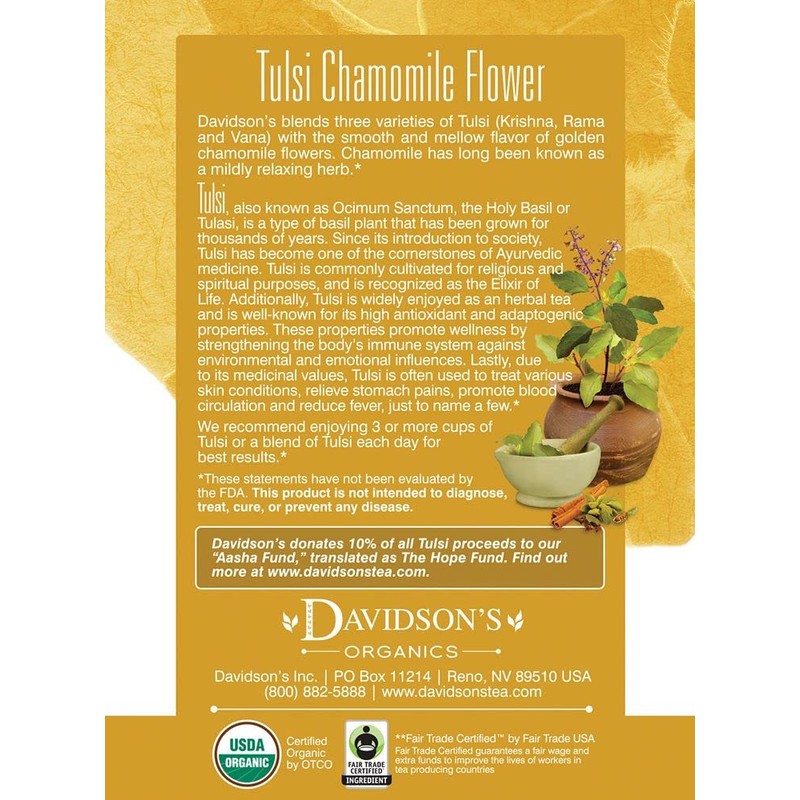 Davidson's Organics, Tulsi Chamomile Flower, 8-count Tea Bags, Pack of