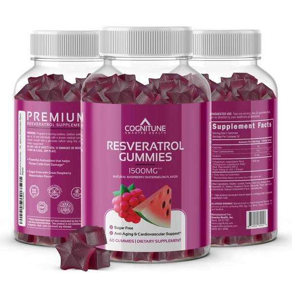 Resveratrol Gummies - Sugar Free Natural Raspberry Watermelon Flavor, 1500mg Resveratrol Supplement for Heart, Brain, Immune Support & Wellness, Powerful Antioxidant with Anti-Aging Benefits