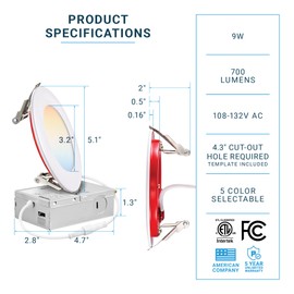 PARMIDA (6 Pack) 4 Inch 2HR Fire Rated LED Recessed Light, ETL, 5 Color Selectable 2700/3000/3500/4000/5000K, 9W Dimmable Ultrathin Canless Wafer Slim Panel Downlight, Wet/IC Rated, No Tenmat Needed