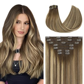 Youngsmile Clip in Hair Extensions, 16 Inch Chocolate Brown Mixed Caramel Blonde Balayage Hair Extensions Clip in East to Install 140g 7Pcs,Thick End,Soft Silk (7C#4/27/4-16Inch)