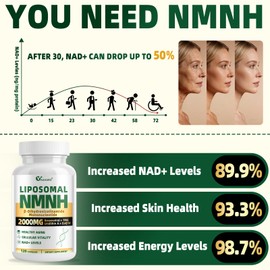 NMNH Supplement 2000mg, Liposomal Nicotinamide Mononucleotide Alternative for NAD+ and Healthy Aging - with Resveratrol, Quercetin, TMG, CoQ10 - 120 Capsules (β-Dihydronicotinamide Mononucleotide)