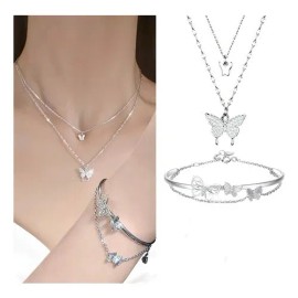 De Cadena Doble Mariposas Brillantes Collar De Mujer Joyas Color Plateado