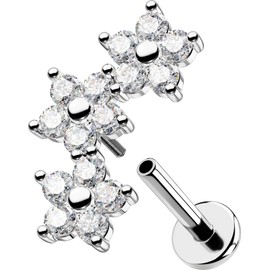 OUFER 16G Gold Conch Piercing Internal Thread Cartilage Ear Piercing Flower Clear CZ Helix Earring Stainless Steel 316L Conch Lobe for Women 8mm Lip Stud, Stainless Steel, Cubic Zirconia