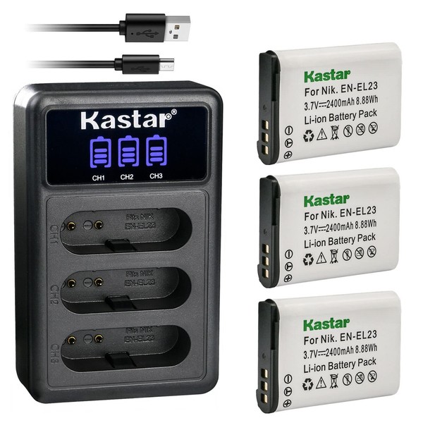 Kastar 3 Pack EN-EL23 Battery and LCD Triple USB Charger