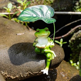 OwMell Frog Statue for Garden, Green Frog Figurine for Outdoor Decor Yard and Garden Decoration Resin Sculpture 6 Inches - Book & Leaf