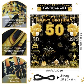 HTDZZI Large 6.6 x 6ft Happy 50th Birthday Decorations for Men Women, Big Fabric 50 Year Old Birthday Party Photo Booth Backdrop, Yard Sign Banner Background Decor Supplies, Black Gold