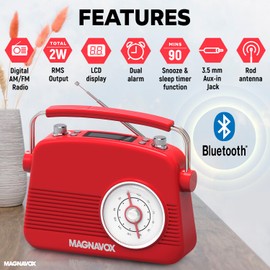 Magnavox Retro Dual Alarm Clock FM Radio - Bluetooth Wireless Technology, LCD Display, Snooze & Sleep Timer - Ideal for Home, Bedroom & Office (Red)