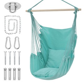 MoNiBloom Hammock Chair Hanging Rope Swing w/2 Cushions, Boho Macrame Hanging Chair Max 350 lbs Capacity w Pocket, Hardware Kit Included, Green