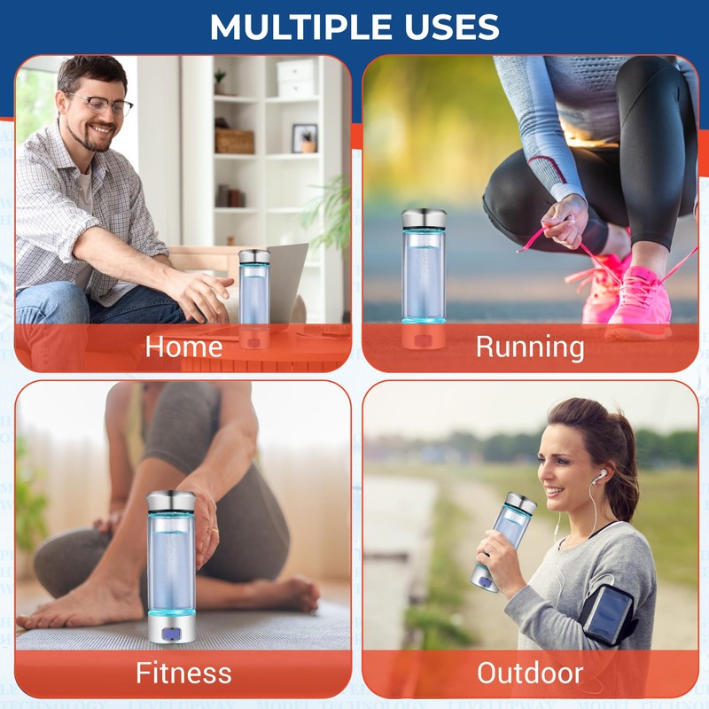 LevelUpWay Hydrogen Water Bottle - Advanced SPE/PEM Technology, Premium Borosilicate