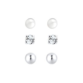 Elli Women's Earrings Set Basic Minimal with Freshwater Pearls and Crystals in 925 Sterling Silver, Sterling Silver, Crystal