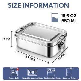E-far Stainless Steel Bento Box, Mini 550ml Metal Lunch Box, 18.6oz Leak-Proof Food Snack Container with Lids, Reusable Meal Storage for Camping Picnic Travel Work
